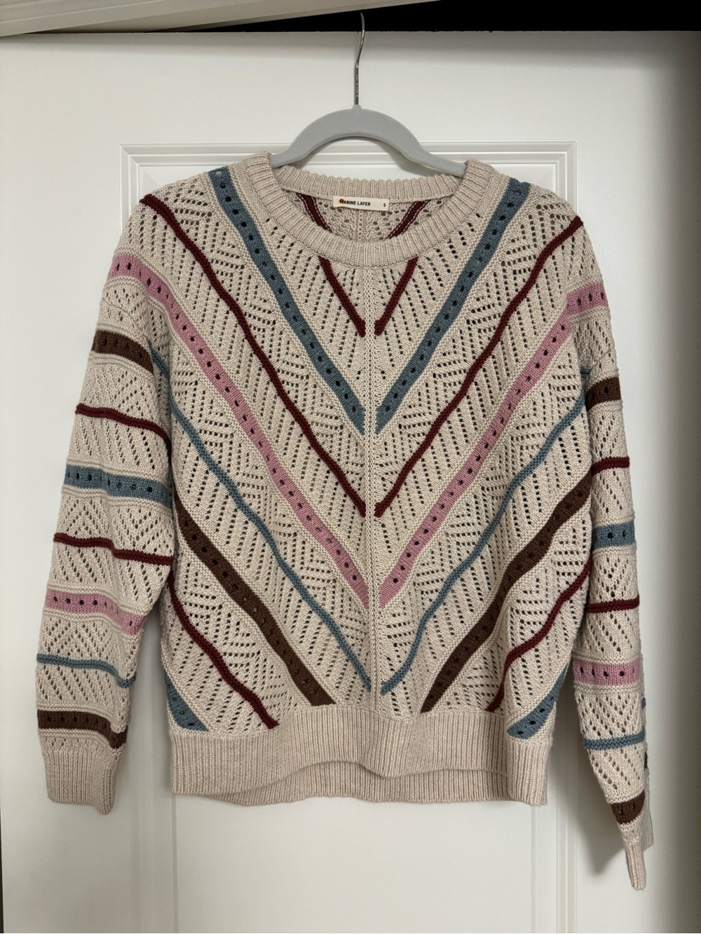 Marine Layer Cream Openwork Chevron Sweater with Blue, Pink & Brown Stripes